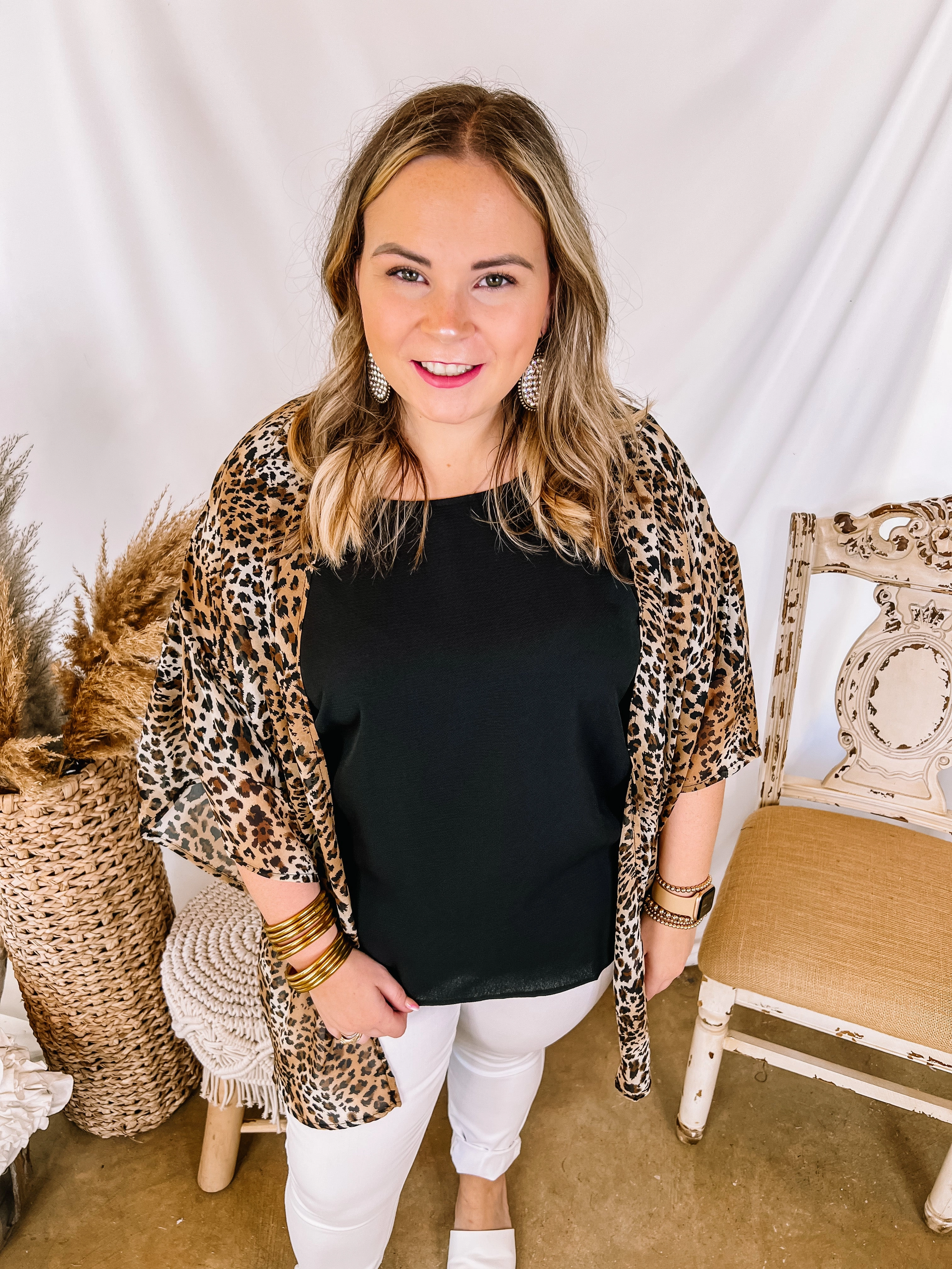 Forever Friends Leopard Print Short Sleeve Kimono in Brown Beach Ready