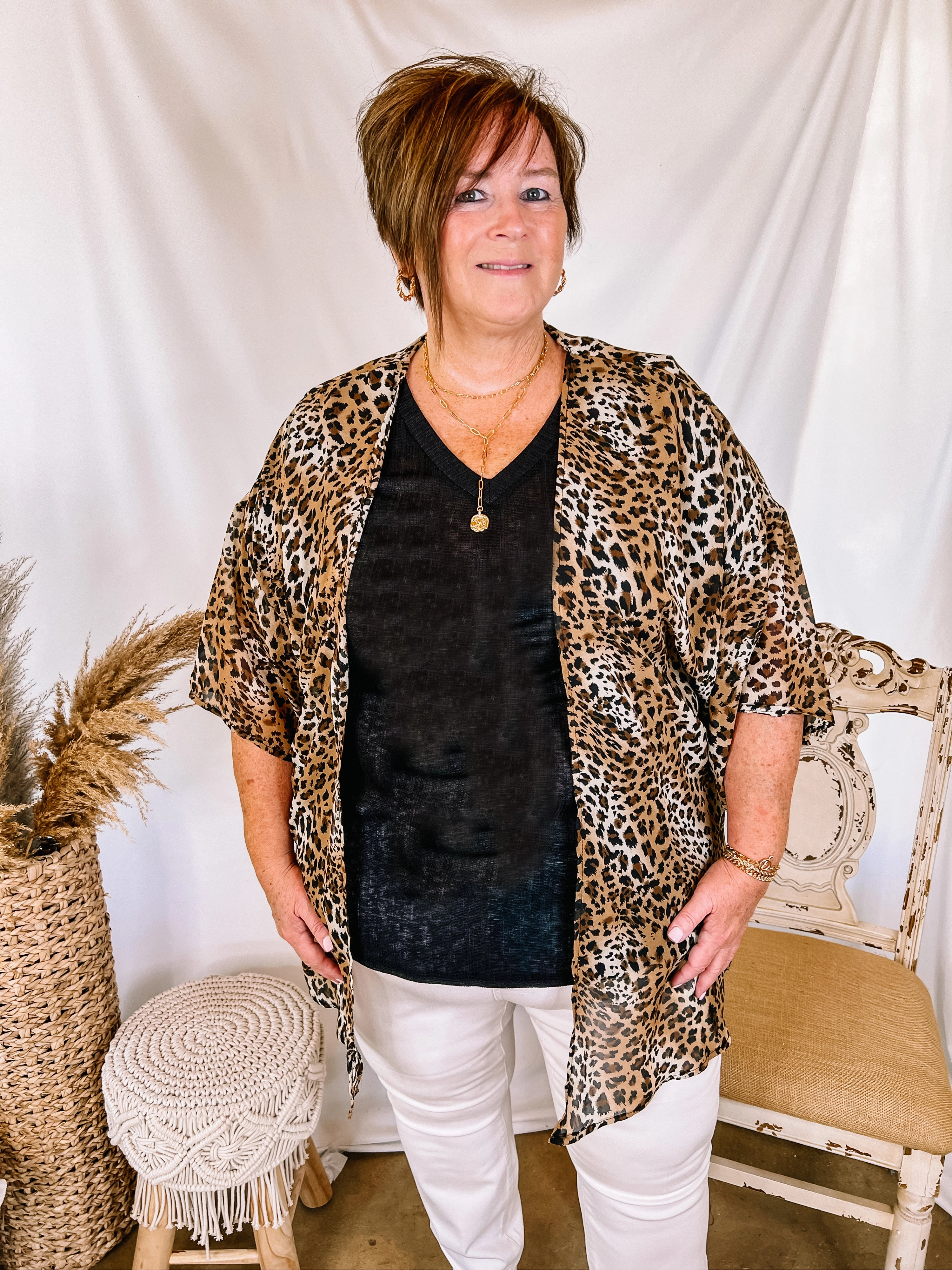 Forever Friends Leopard Print Short Sleeve Kimono in Brown FrictionResistant