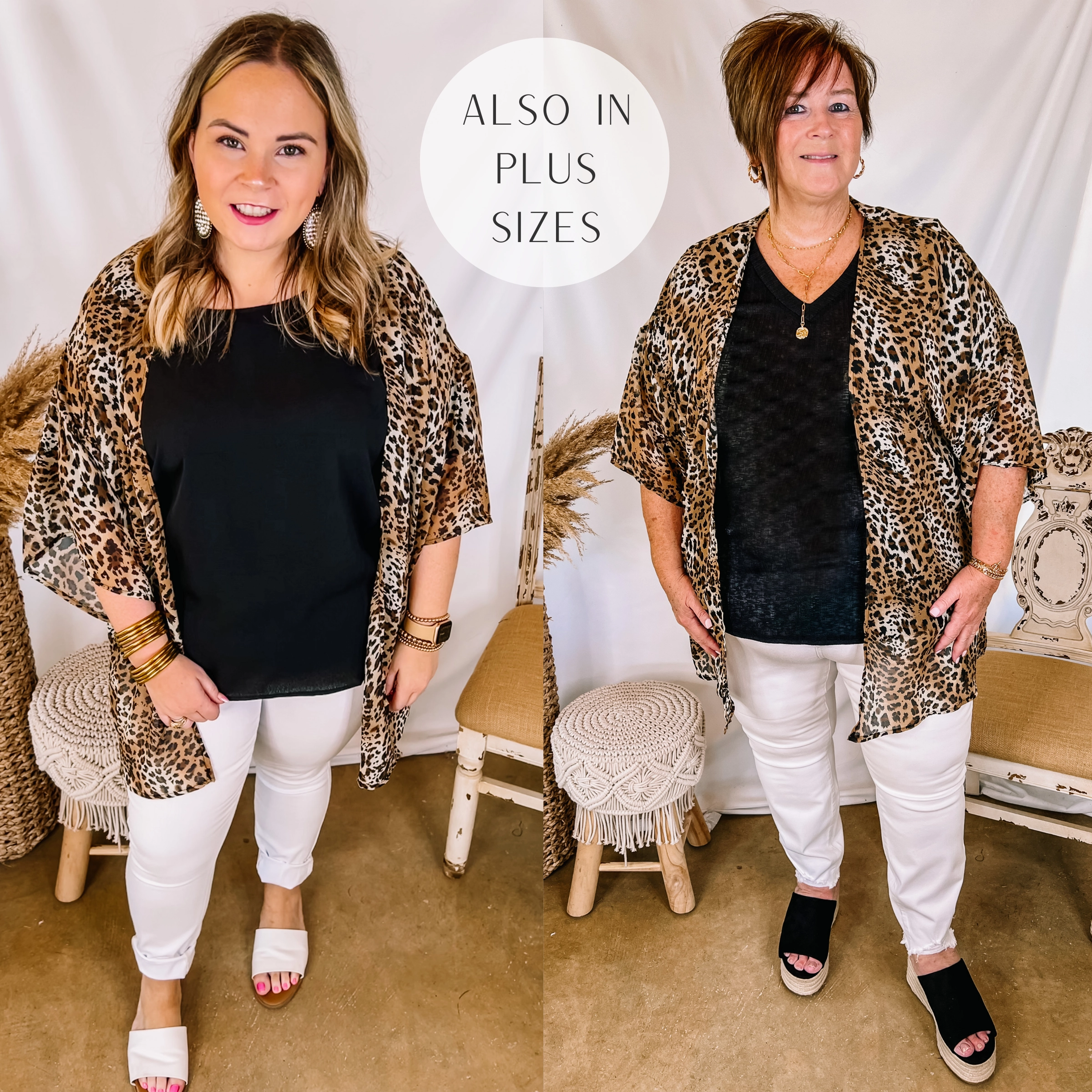 Comfortable Layer StaticResistantTextile Forever Friends Leopard Print Short Sleeve Kimono in Brown