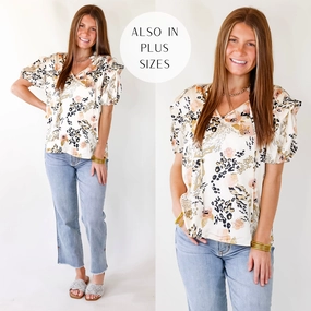 Rustic Ease Relax Vibe One And Only Mix Print Satin Blouse with Keyhole Front in Ivory