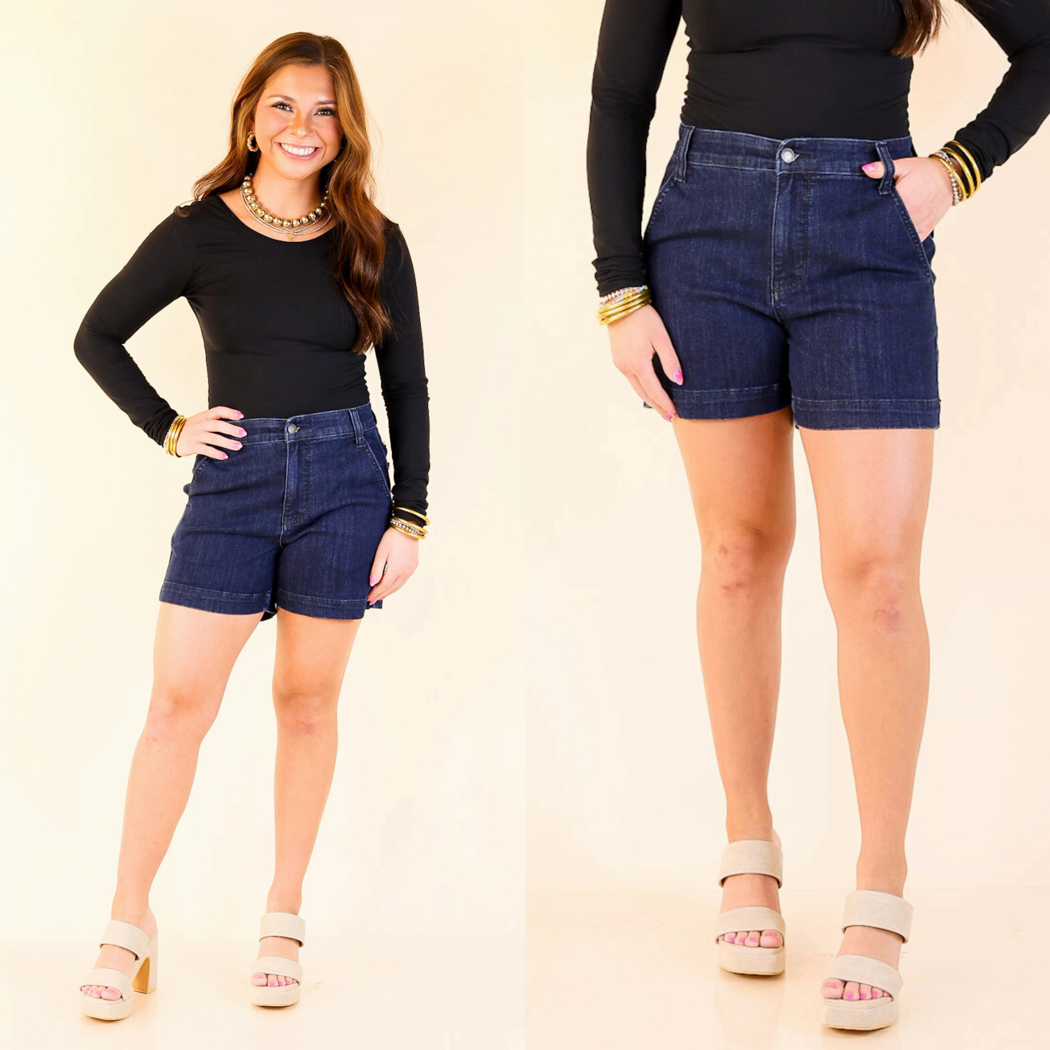 Judy Blue | Denim Prestige Trouser Shorts in Dark Wash Body Movement