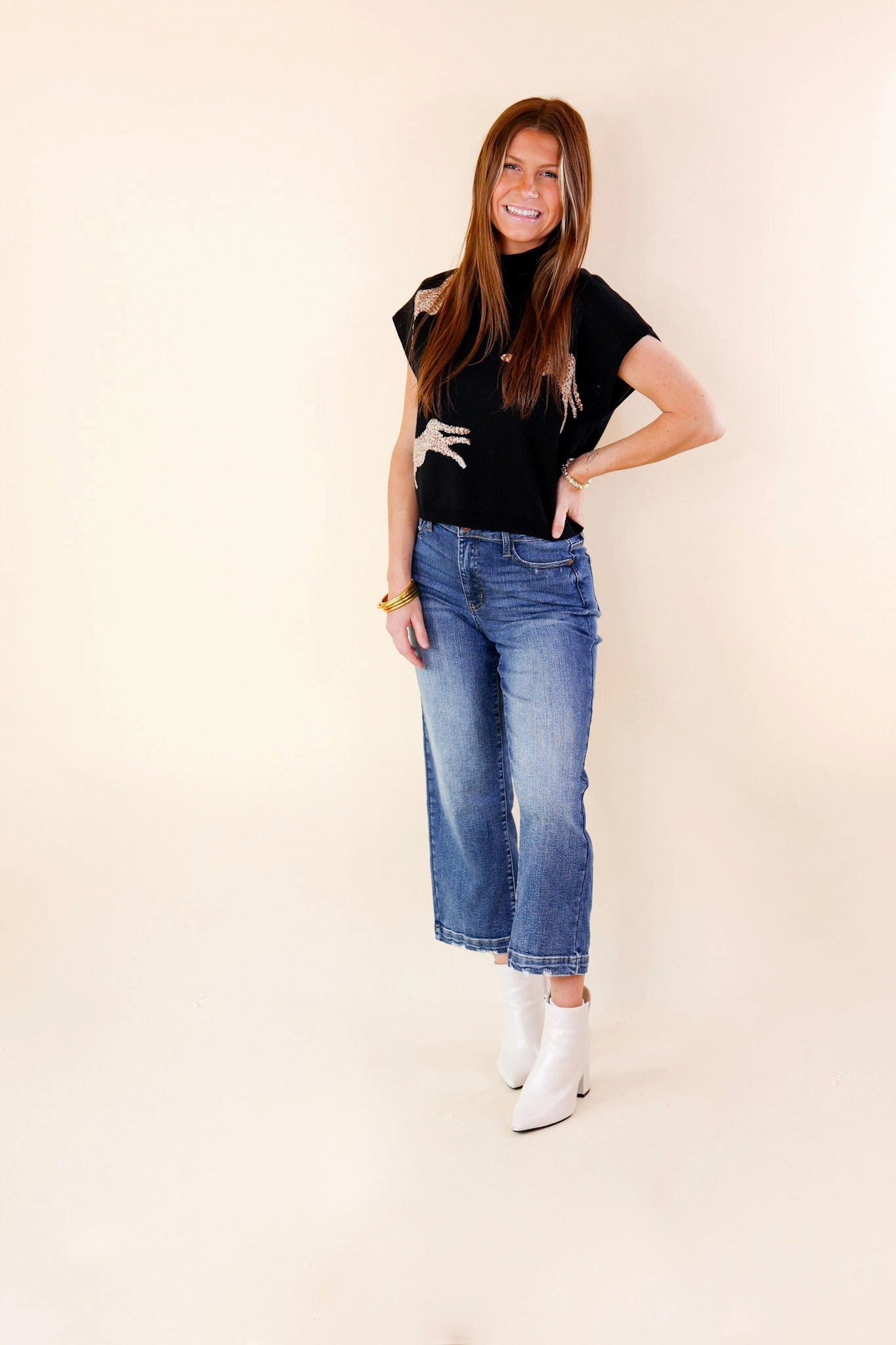 Upscale Charm Cheetah Print Sweater Top in Black Soft Fabric Winter Fit