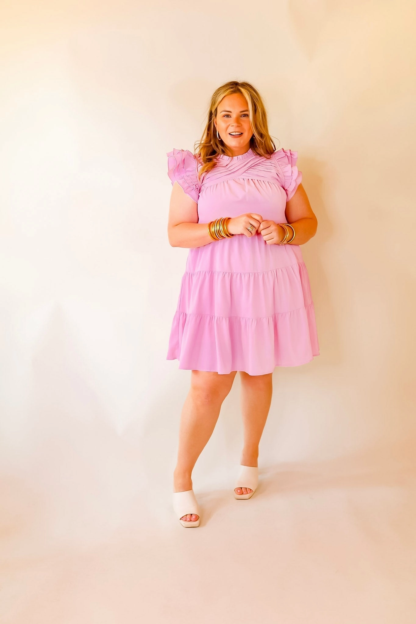 Chic On Scene Ruffle Tiered Dress with Pleated Detailing in Light Pink Night Charm Activewear Clothing