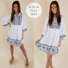 Last Chance Size Medium | Peaceful And Pretty Navy Embroidered Dress with Notched Neckline in White Morning Ease Reflective accents