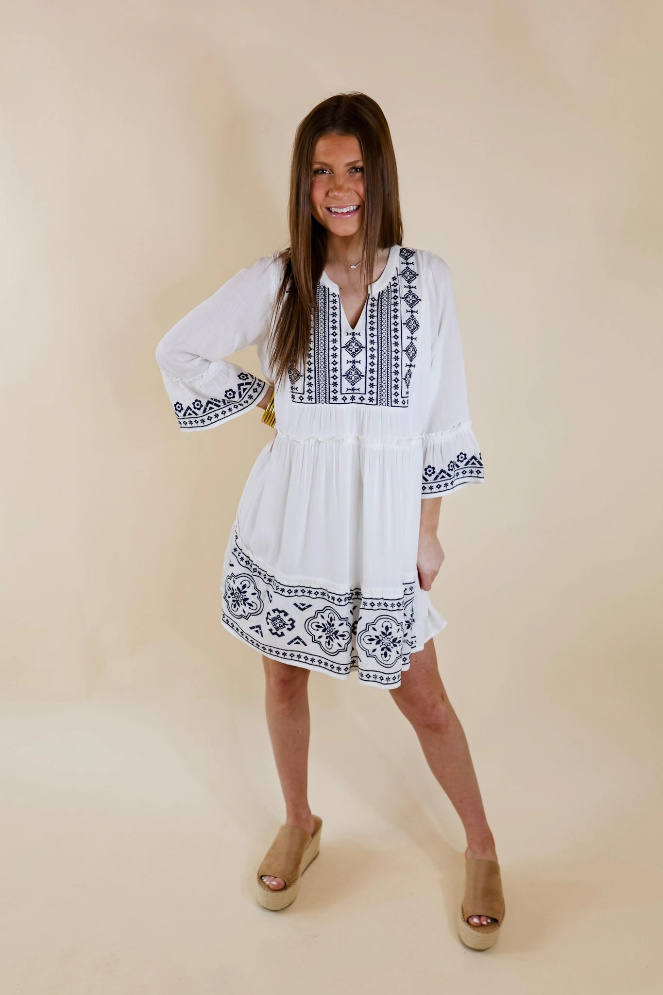 Last Chance Size Medium | Peaceful And Pretty Navy Embroidered Dress with Notched Neckline in White AntiStatic Lining