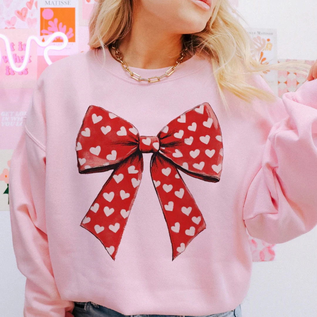 Online Exclusive | Valentine Big Red Bow with Hearts Graphic Sweatshirt in Pink Easy Care Material