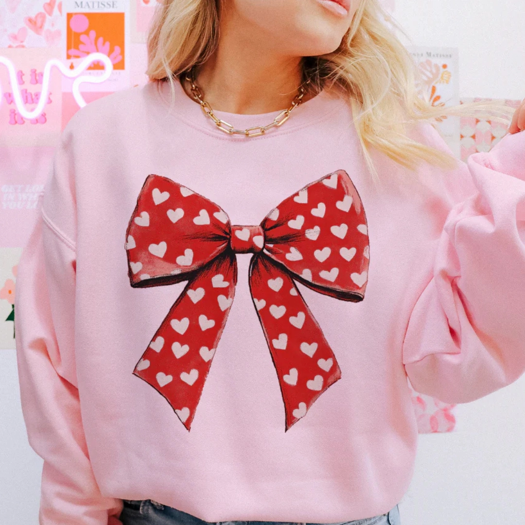 Online Exclusive | Valentine Big Red Bow with Hearts Graphic Sweatshirt in Pink Outdoor Essentials Quick Dry Wear Fit