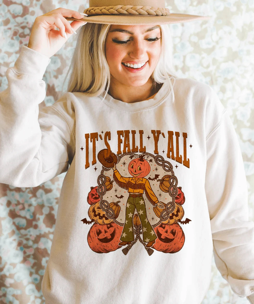 Online Exclusive | Bell Bottom Pumpkin It's Fall Y'all Graphic on Tee & Sweatshirt Option  - Cream regular but not boring Eye-Catching