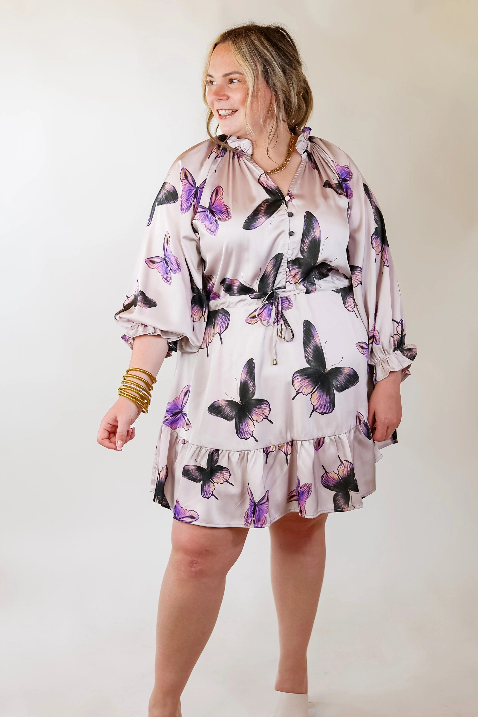 Travel Vibe Love Energy Butterfly Fly Away Half Button Dress with Butterfly Print in Muted Purple
