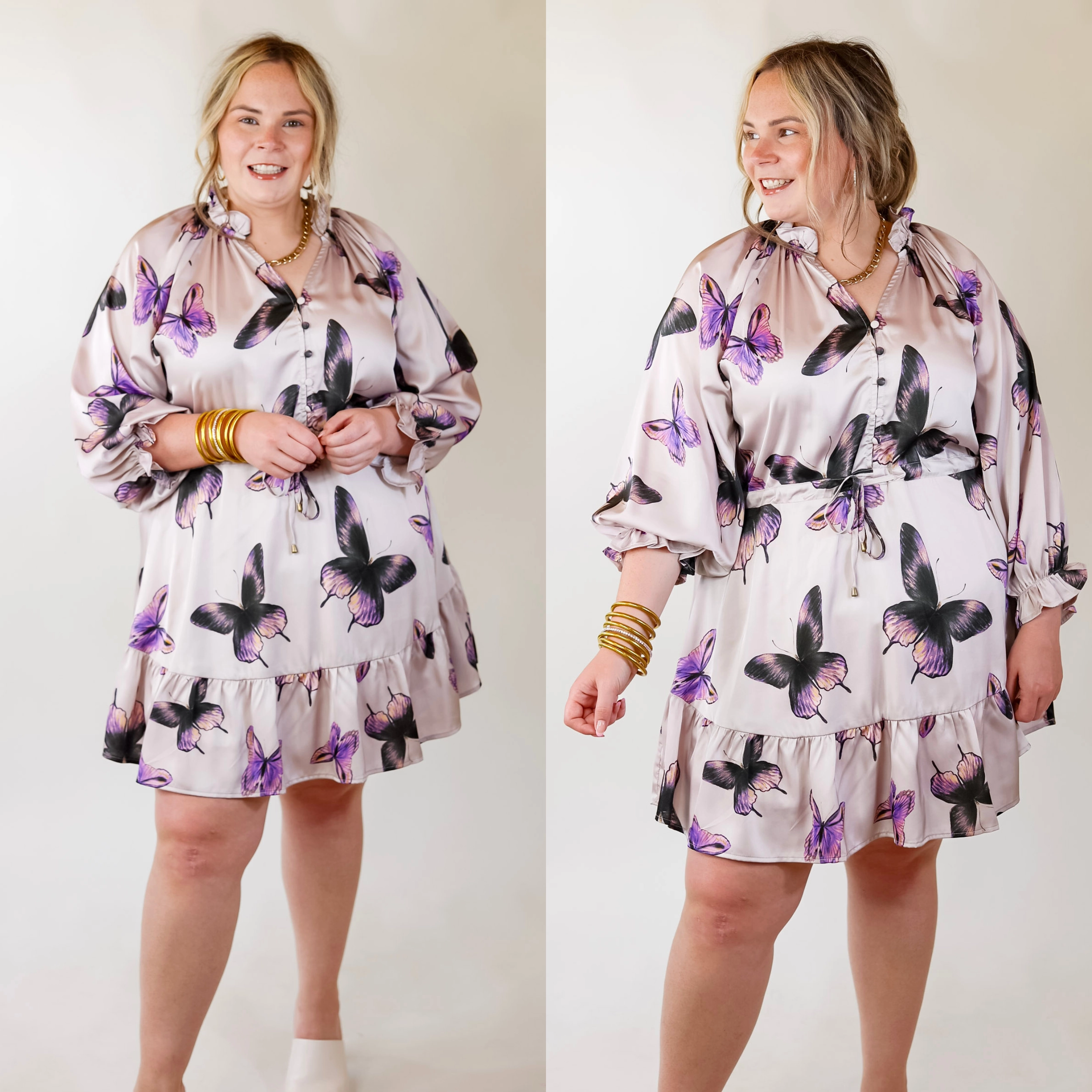 Butterfly Fly Away Half Button Dress with Butterfly Print in Muted Purple FrictionReducing Lining Nature Base