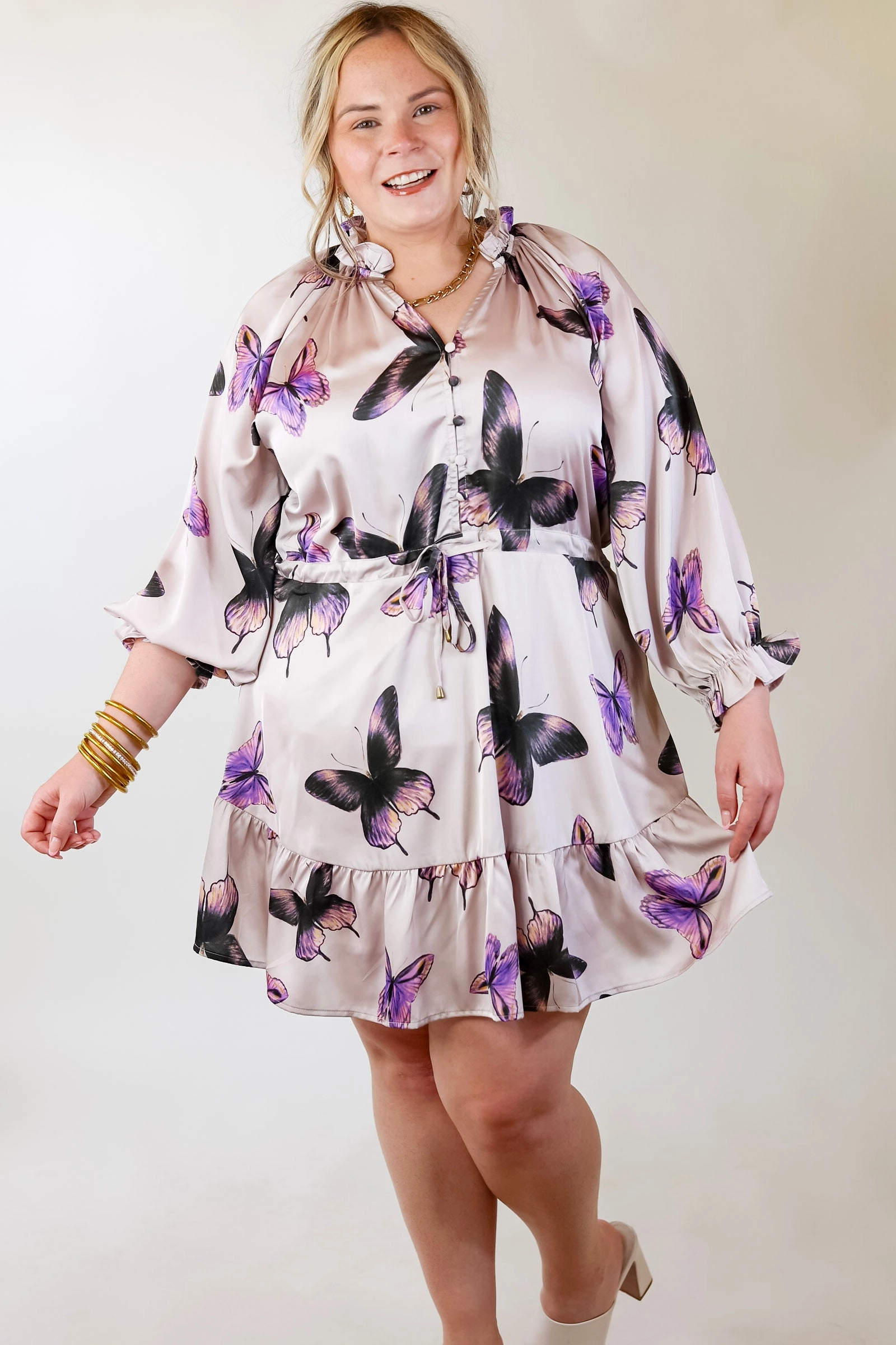 Layer Safe Butterfly Fly Away Half Button Dress with Butterfly Print in Muted Purple