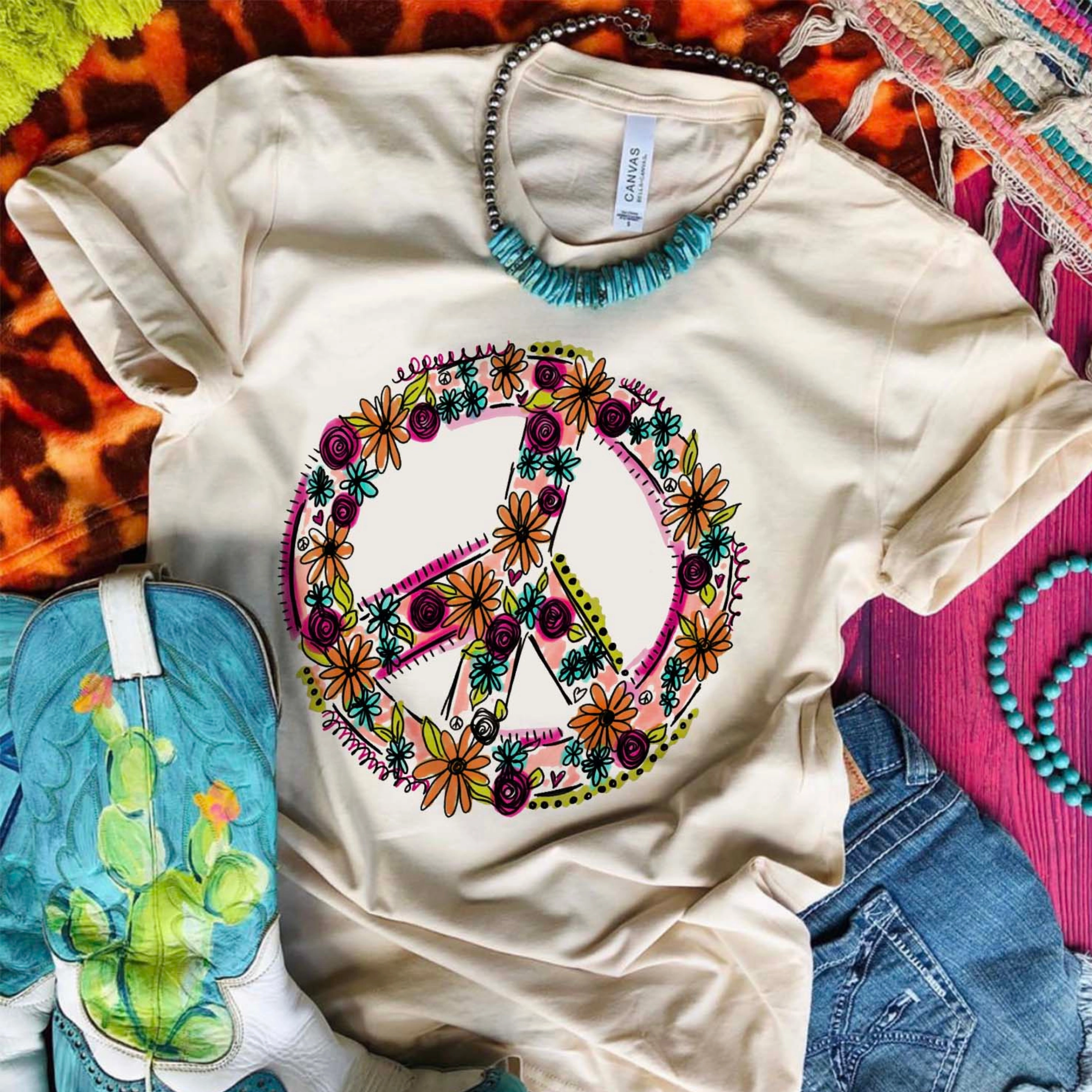 Online Exclusive | Peace Sign Short Sleeve Floral Graphic Tee in Cream Comfortable Sweater Downtown Cool