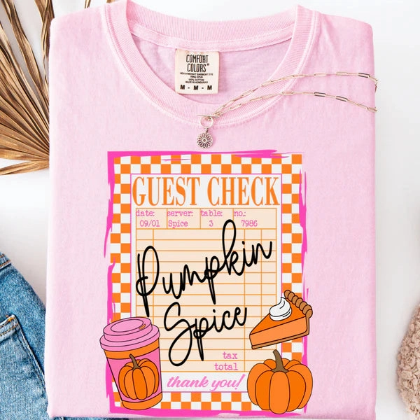 Active Wear Fit Pumpkin Spice Guest Check Graphic on Short Sleeve Comfort Color Tee in Blossom Pink