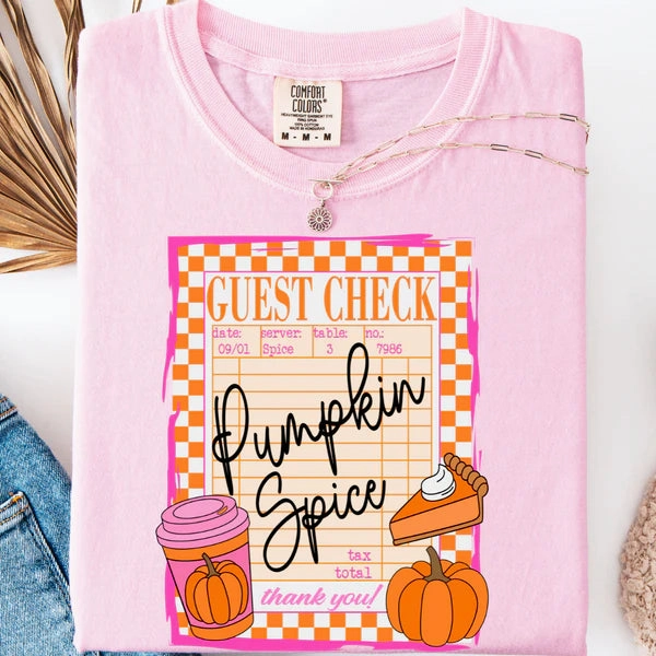 Trendy Fabric Cozy Comfort Design Pumpkin Spice Guest Check Graphic on Short Sleeve Comfort Color Tee in Blossom Pink