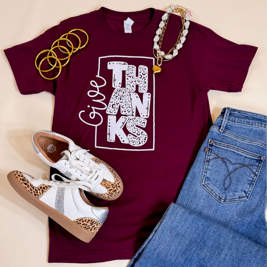 Button Down Give Thanks Short Sleeve Leopard Print Graphic Tee in Maroon