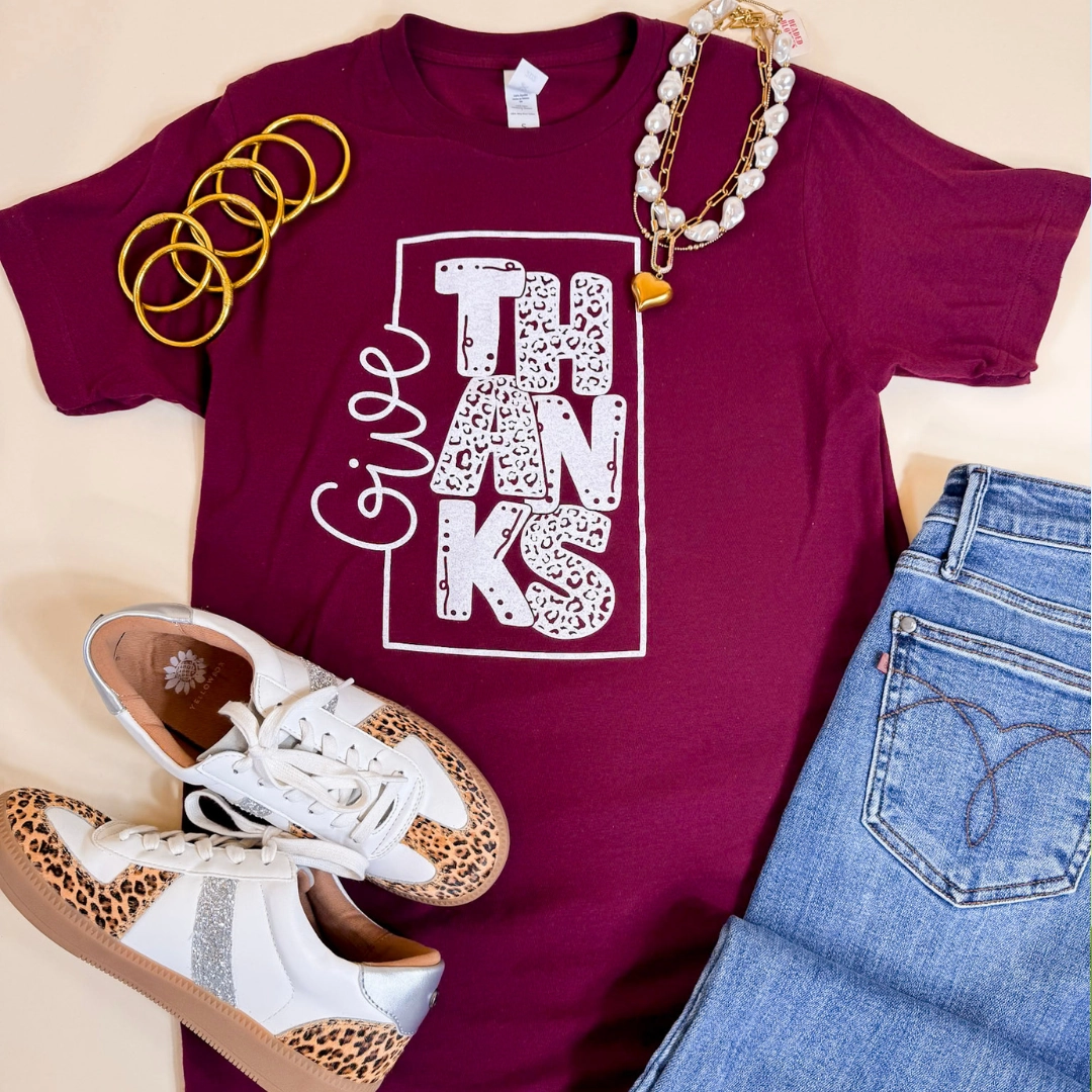 Give Thanks Short Sleeve Leopard Print Graphic Tee in Maroon High Durability Weave