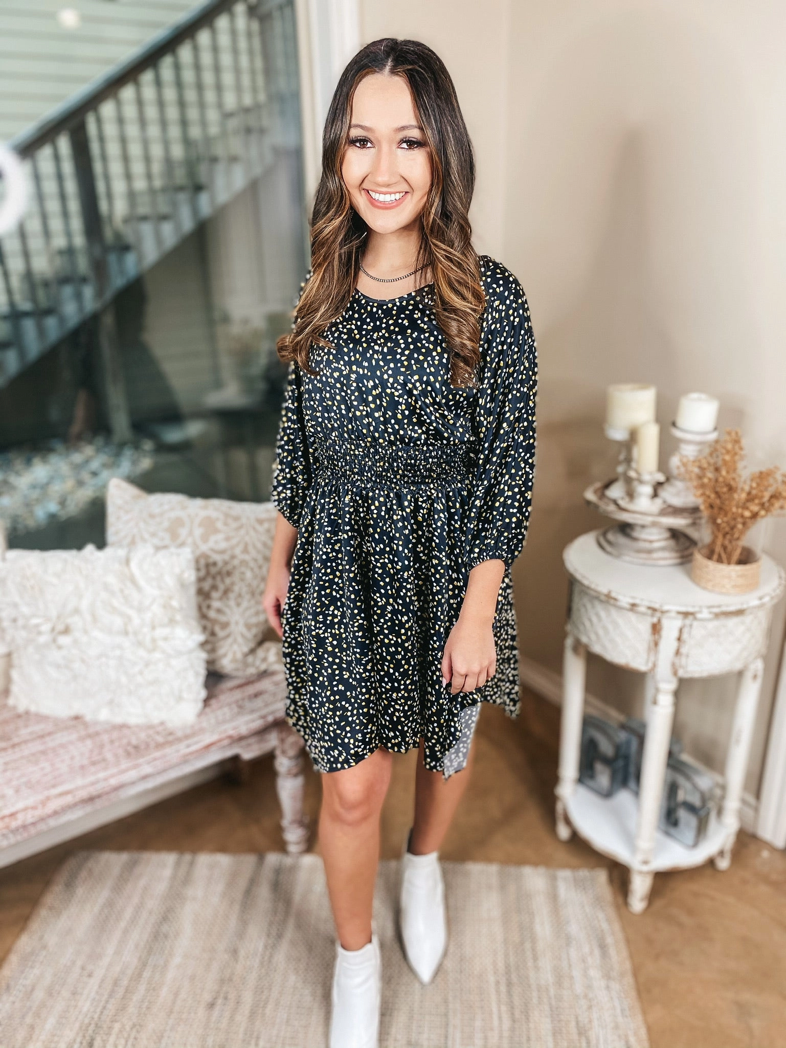 SustainableCertified Street Fest Last Chance Size Small, Medium, Large | Sunday Fun Day Asymmetrical Half Sleeve Dress with Ivory and Yellow Dots in Black