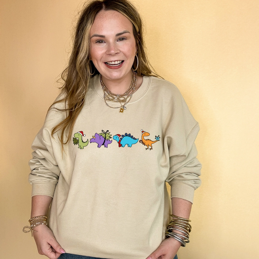 Fashionable Wear Modern Comfort Style Online Exclusive | Holiday Dinosaur Parade Graphic Sweatshirt in Multiple Color Options