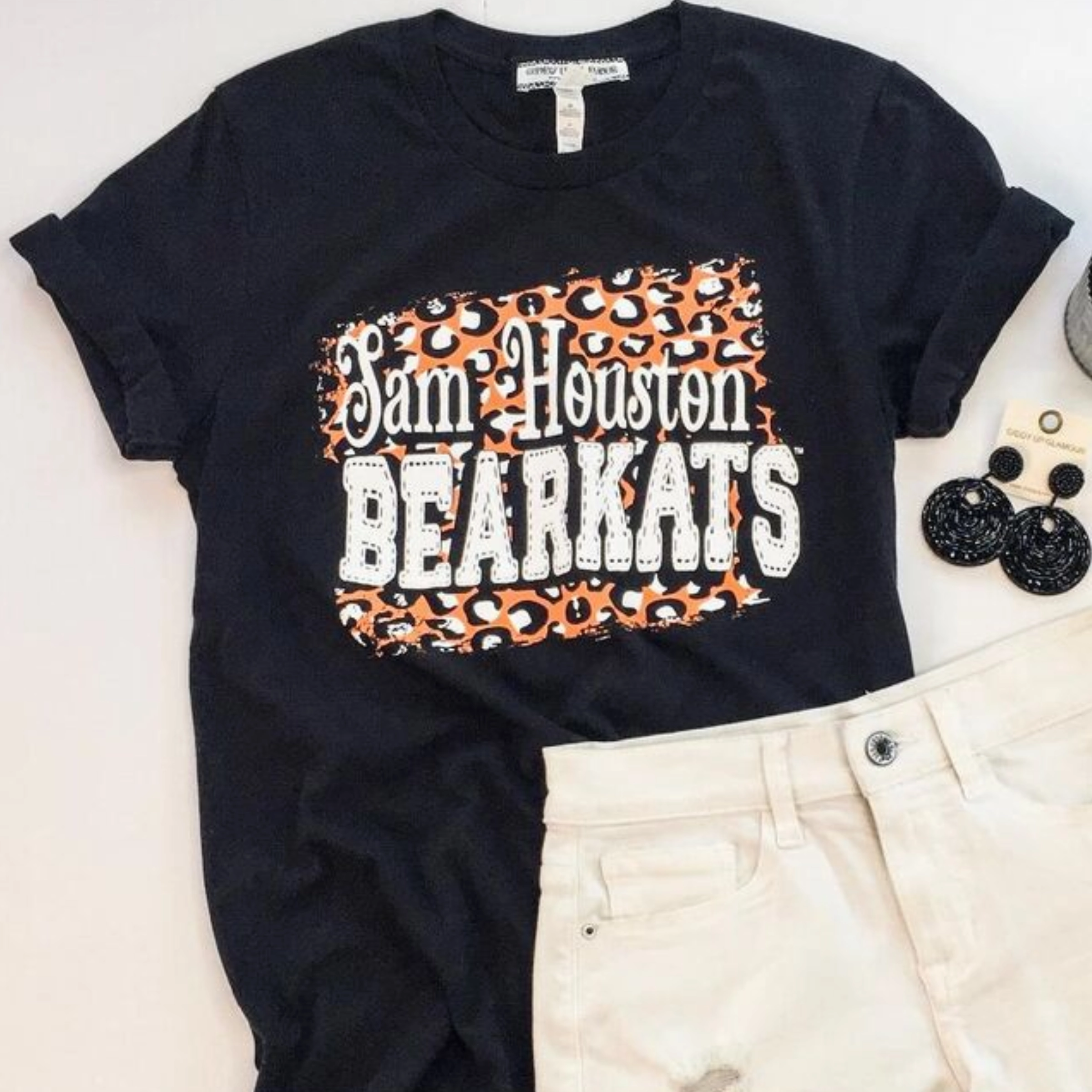 Bearkat Game Day | Sam Houston Bearkats on Leopard Print Background Logo Short Sleeve Tee Shirt in Black Team Edge PressureRelief Seams