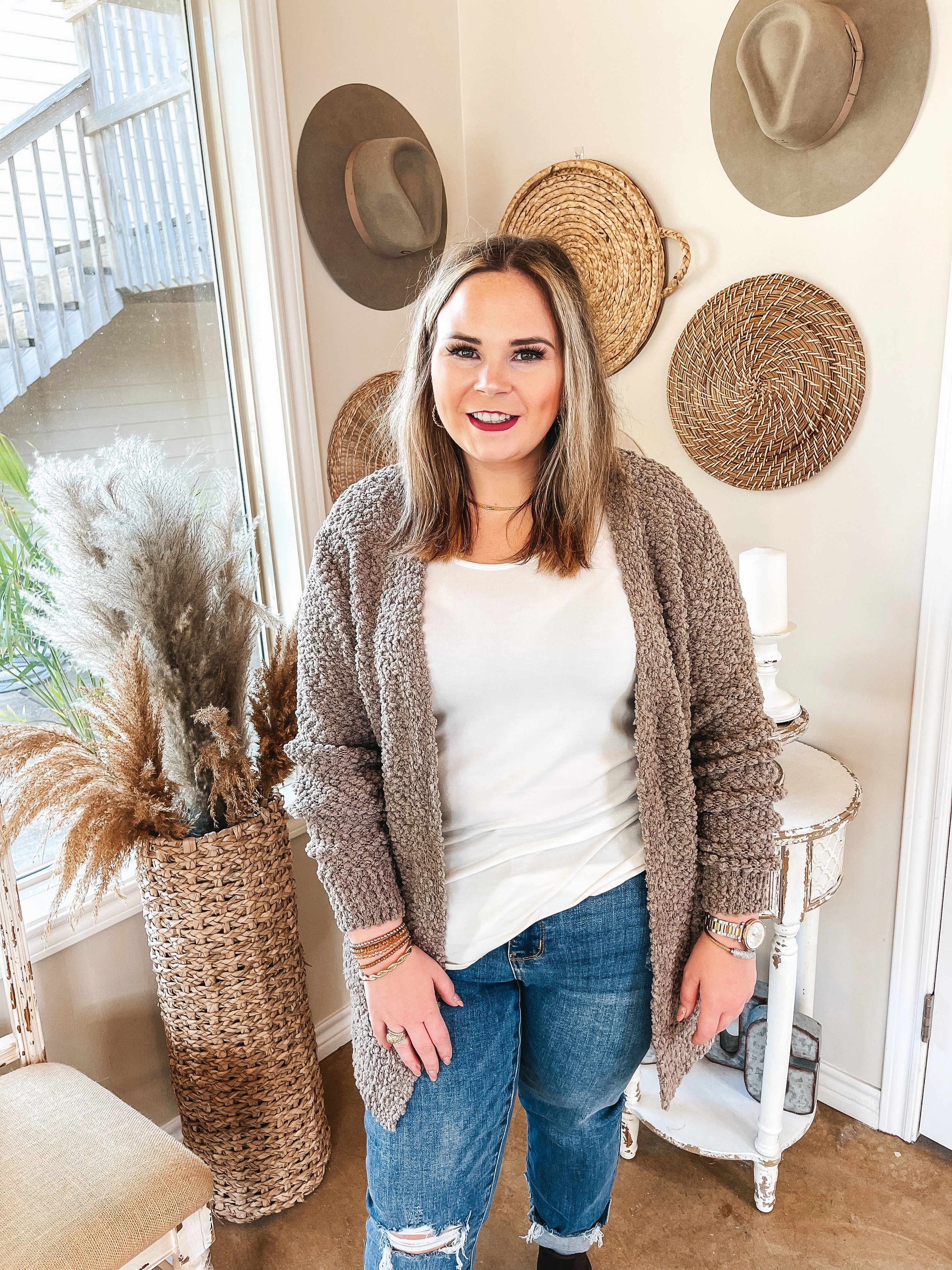 Cozy and Confident Popcorn Knit Sweater in Taupe Zoom Proper