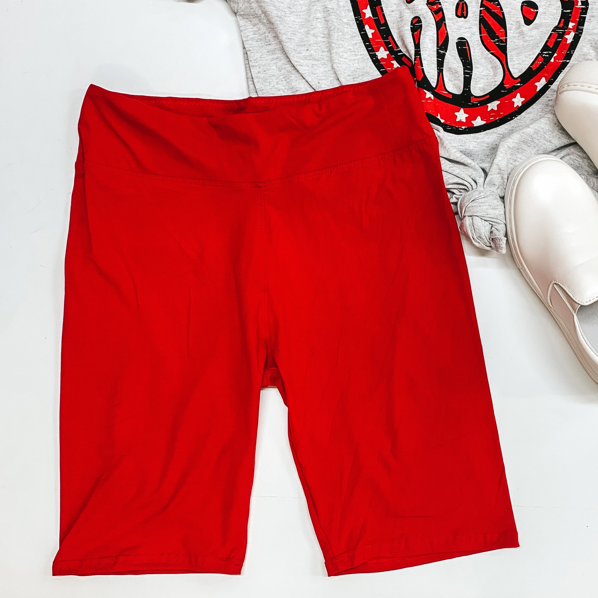 Plus Size | Finish Strong High Waist Biker Shorts in Red Zipper pockets