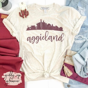Aggie Game Day | Aggieland Skyline Short Sleeve Tee Shirt in Oatmeal Ivory OrganicCottonBlend EcoCertified Textile