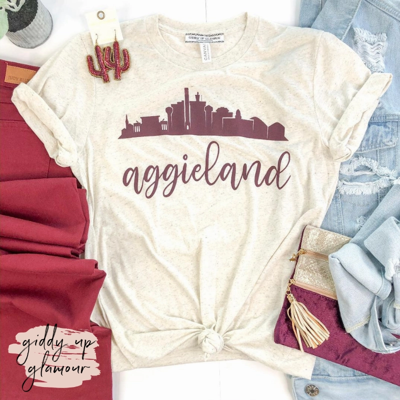 Aggie Game Day | Aggieland Skyline Short Sleeve Tee Shirt in Oatmeal Ivory Relaxed Sweatshirt Contoured Armhole Design