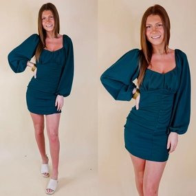 Adjustable drawstring SmoothGripFastenings Take A Photo Ruched Dress with Long Sleeves in Dark Teal