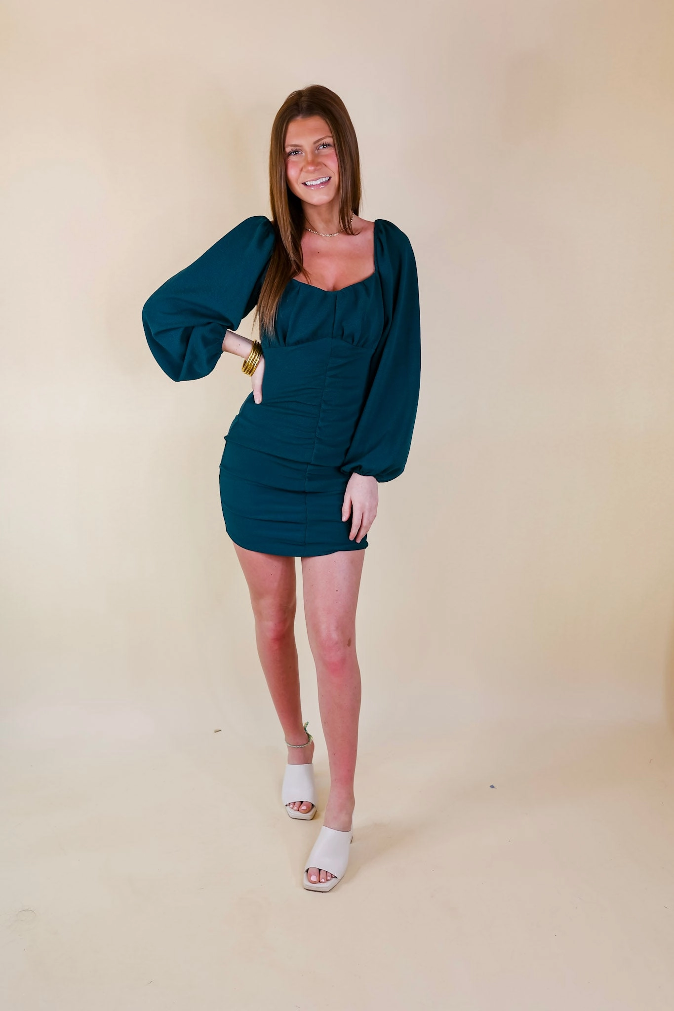 Chic Edge Take A Photo Ruched Dress with Long Sleeves in Dark Teal