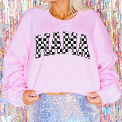 All Season Wear Relaxed Vibes Online Exclusive | Checkered Black and White MAMA Graphic Sweatshirt in Baby Pink