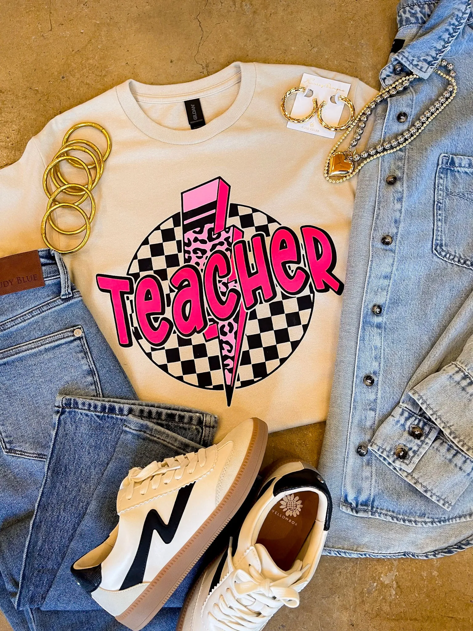 Grade with Style Teacher Short Sleeve Graphic Tee in Beige SheerLayering DroppedShoulder