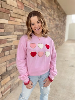Lots Of Love Chenille Heart Graphic Sweatshirt with Long Sleeves in Light Pink Perfect for Layering Personalized