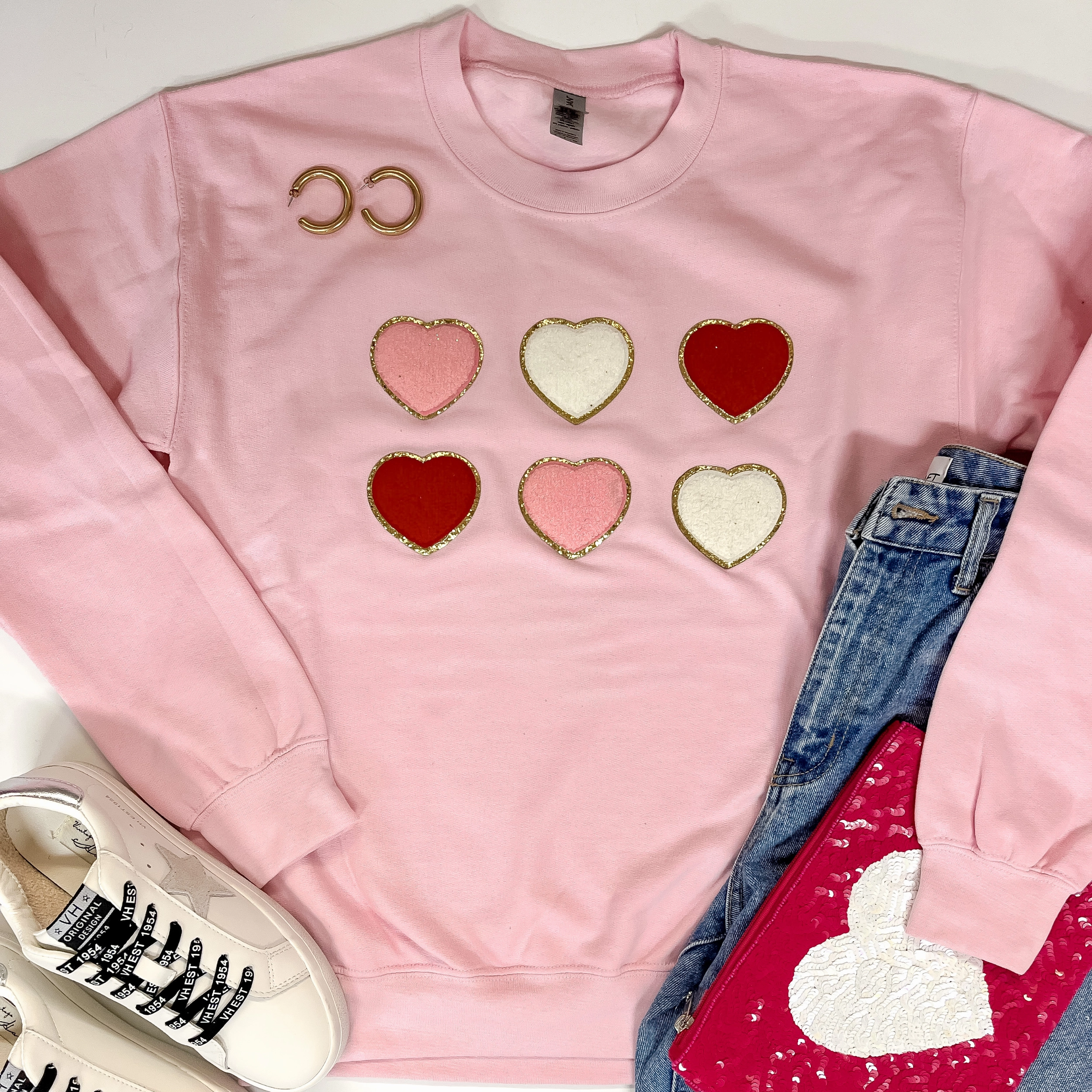Lots Of Love Chenille Heart Graphic Sweatshirt with Long Sleeves in Light Pink Office Casual