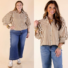 The Bold Type Striped Long Sleeve Button-Up Top in White with Chocolate Brown Stripes Coastal Vibes Casual Sophistication
