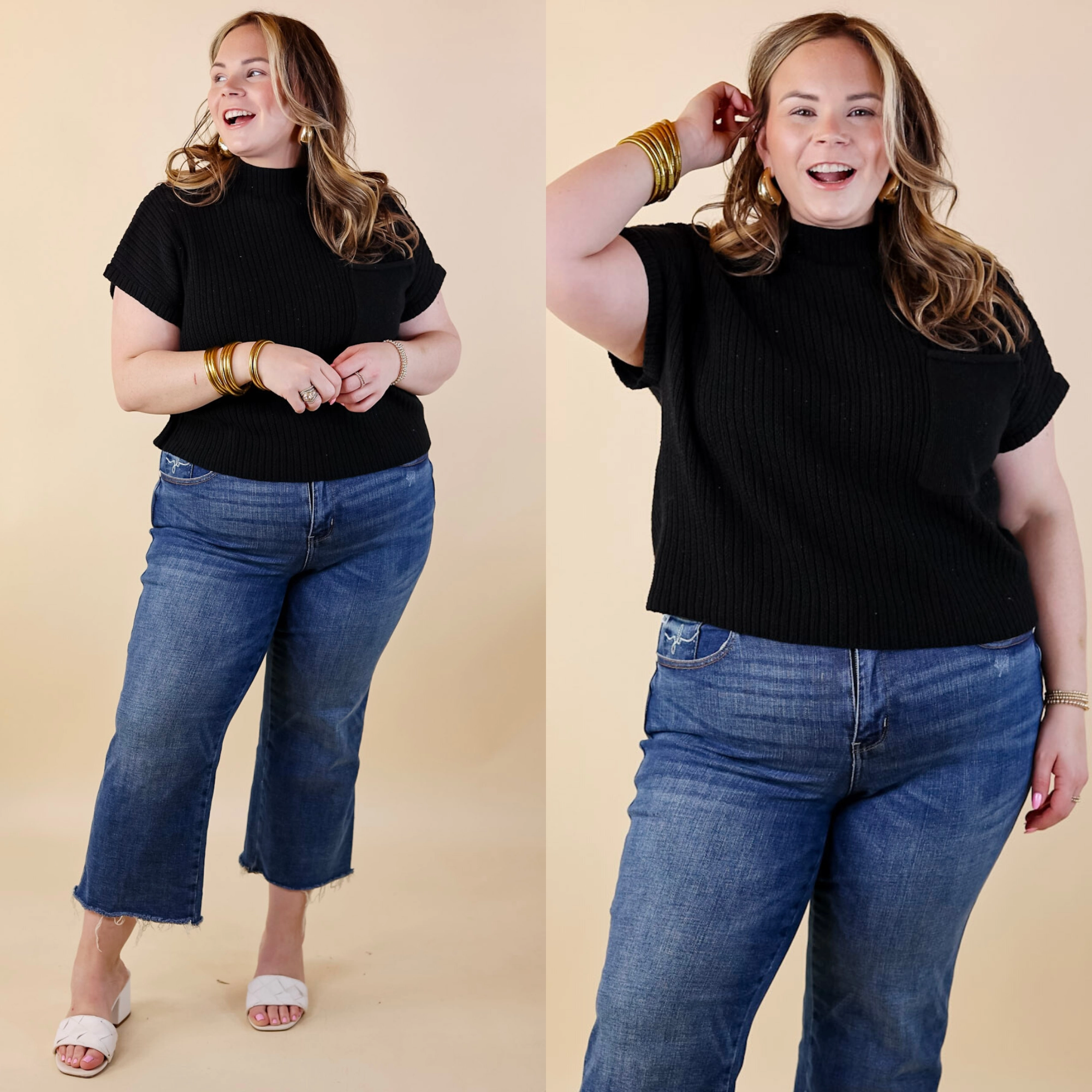 Sun Protection Fabric Last Chance Size Medium | City Sights Cap Sleeve Summer Sweater Top with Pocket in Black