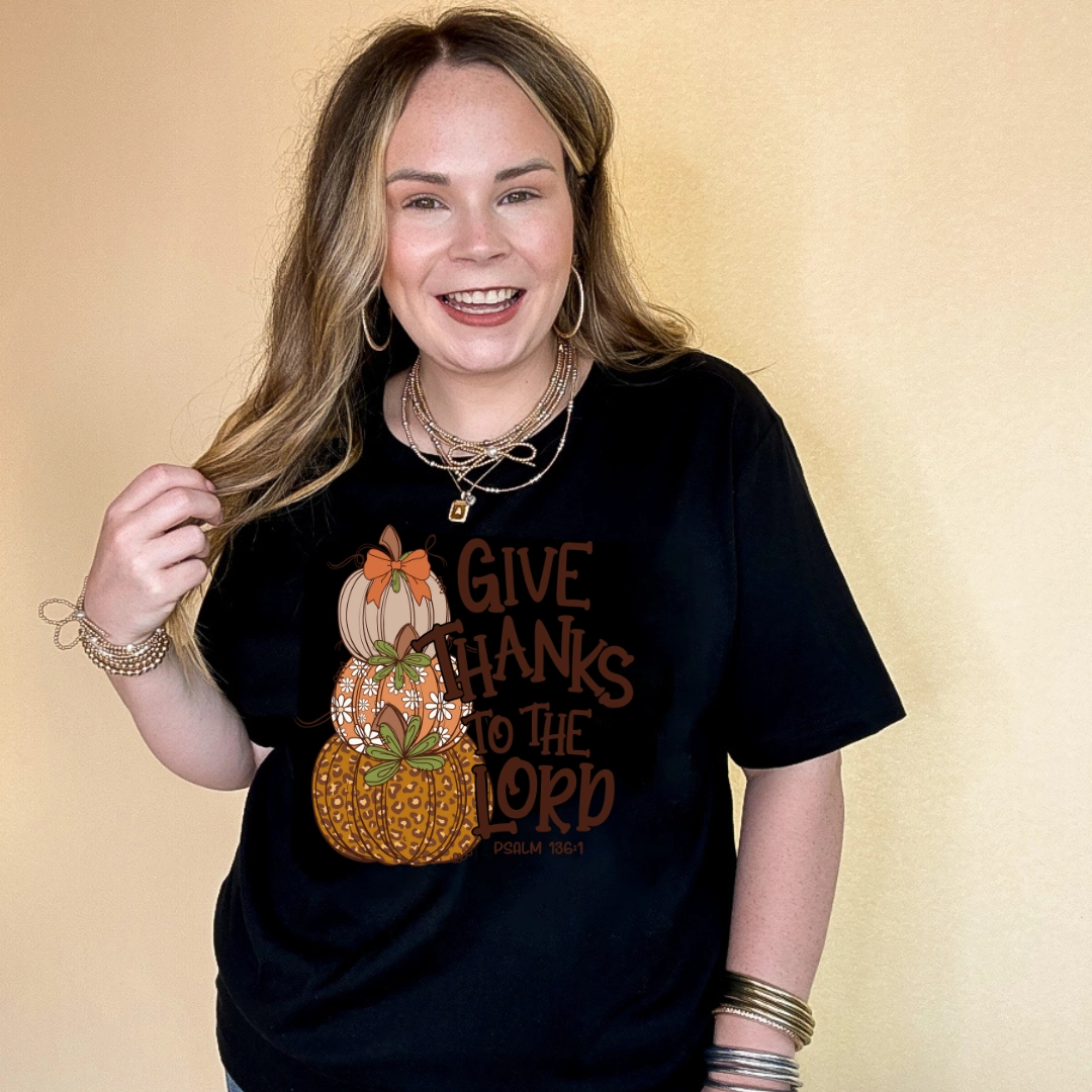 Online Exclusive | Give Thanks to the Lord Stacked autumn Pumpkins with Bow Graphic Tee in Multiple Color Options Premium Cotton