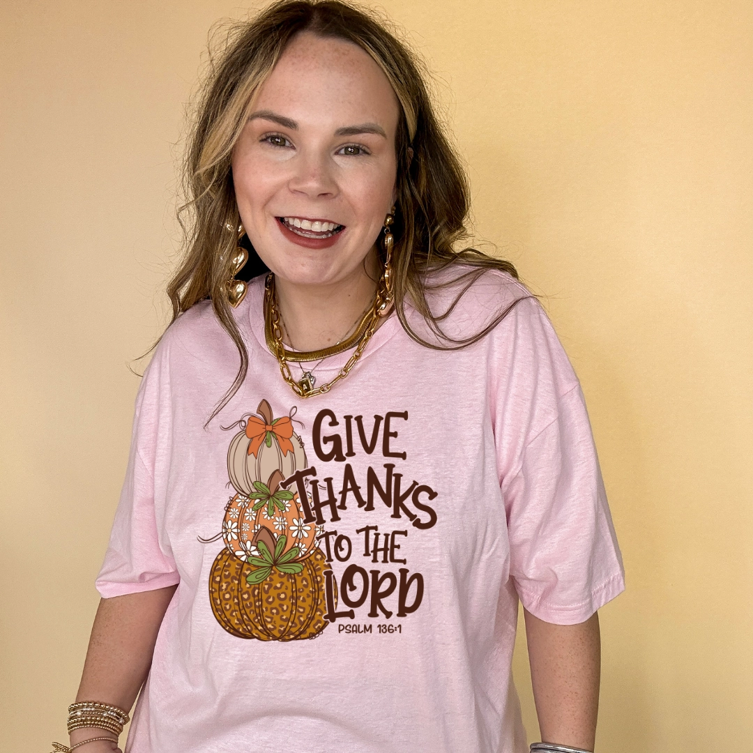 Timeless Appeal Simple Comfort Online Exclusive | Give Thanks to the Lord Stacked autumn Pumpkins with Bow Graphic Tee in Multiple Color Options