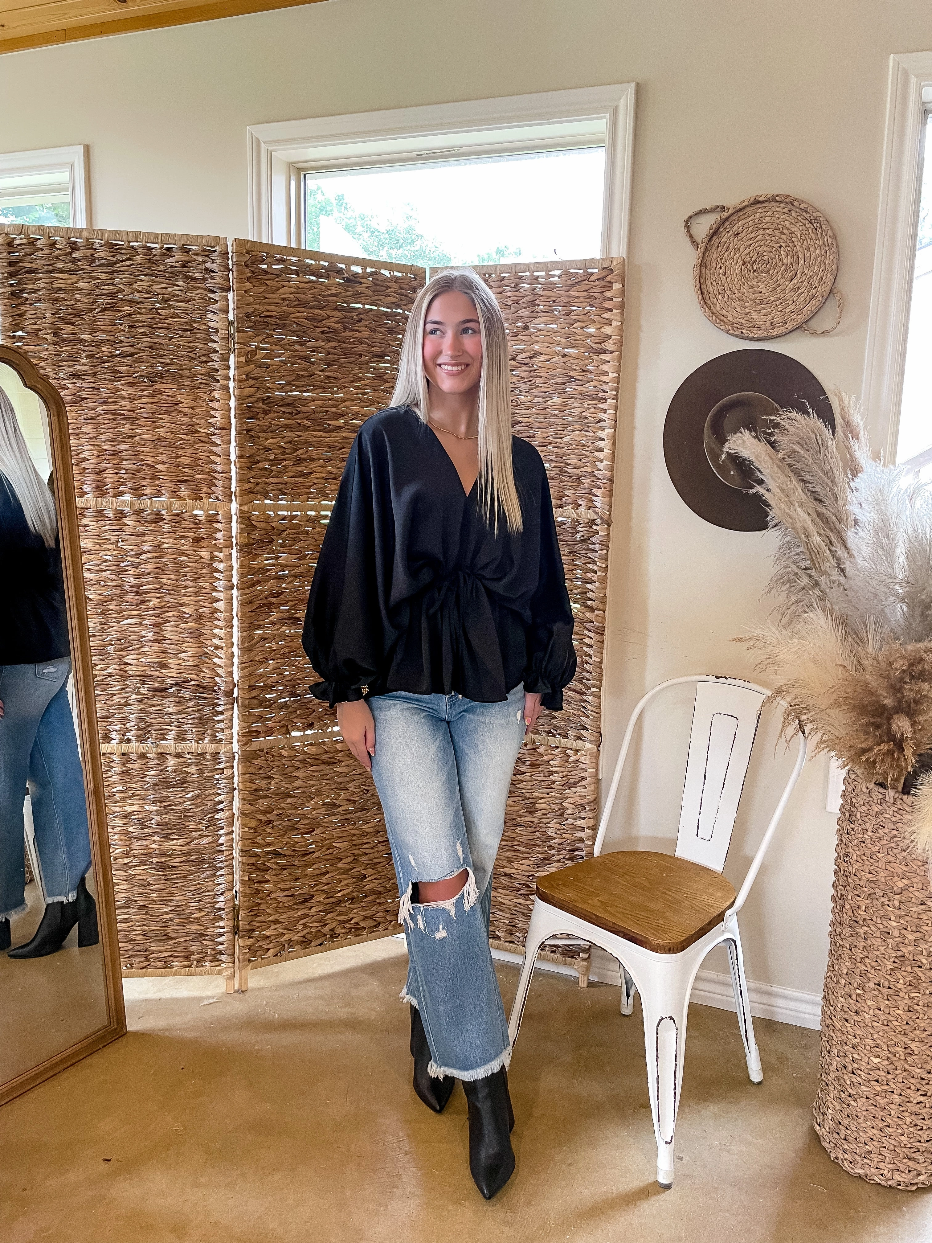 Practical Leggings Last Chance Size Small & Medium | Stating Facts Satin Top with Drawstring Waist in Black