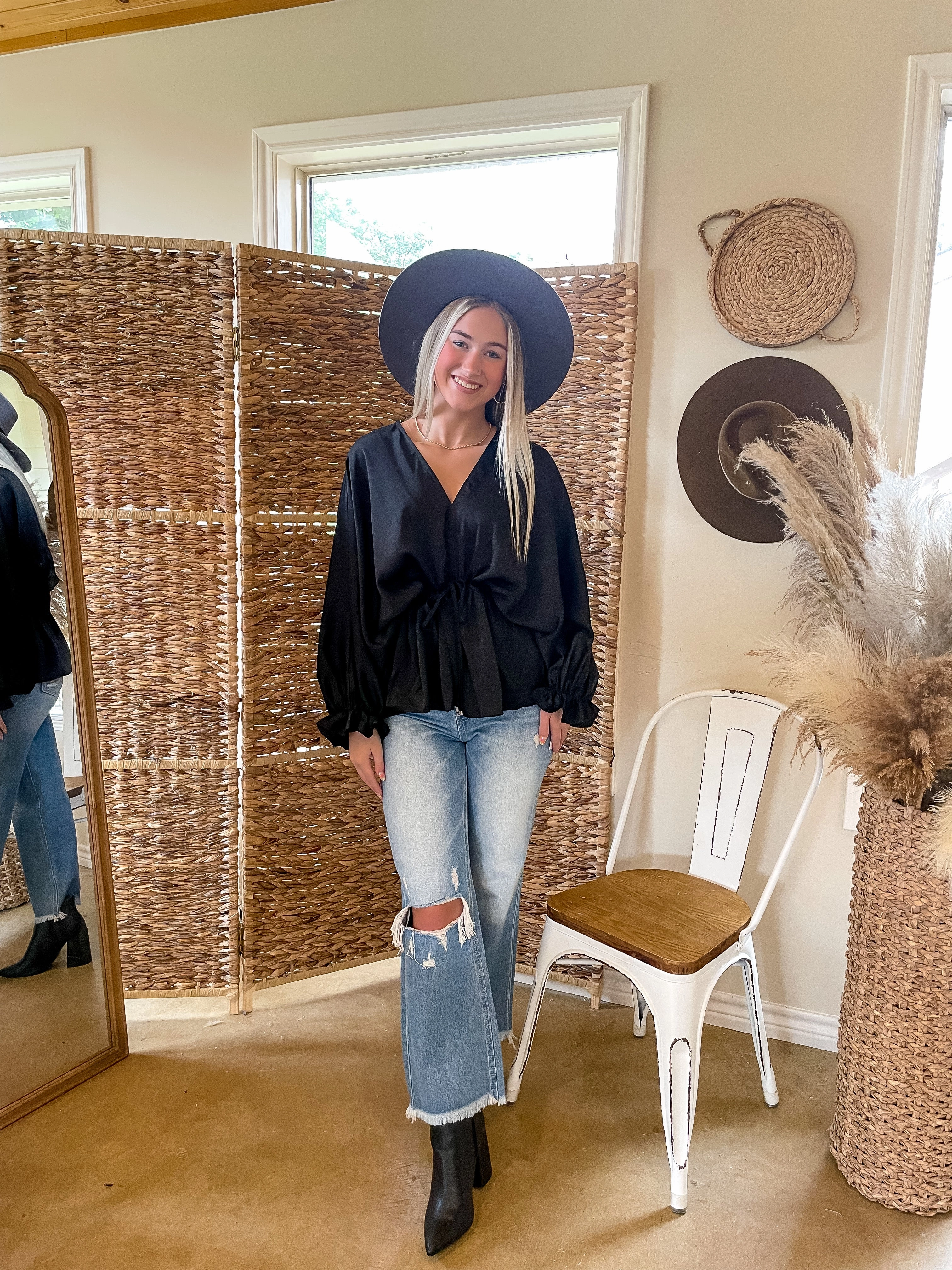 Last Chance Size Small & Medium | Stating Facts Satin Top with Drawstring Waist in Black Fashionable Skirt Hike Fit