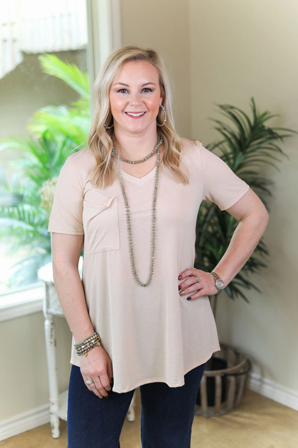 simple design Cozy Cardigan Last Chance Size Small, 2XL & 3XL | Just Right Solid Short Sleeve Pocket Tee in Khaki Tan