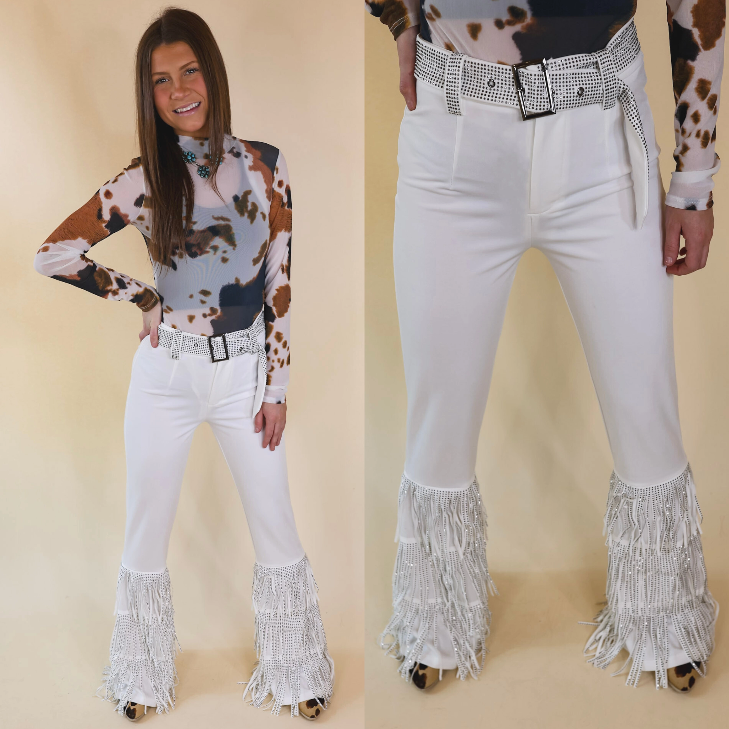 Cowboy Killer Crystal Fringe Bell Bottom Pants in White Soft Structure