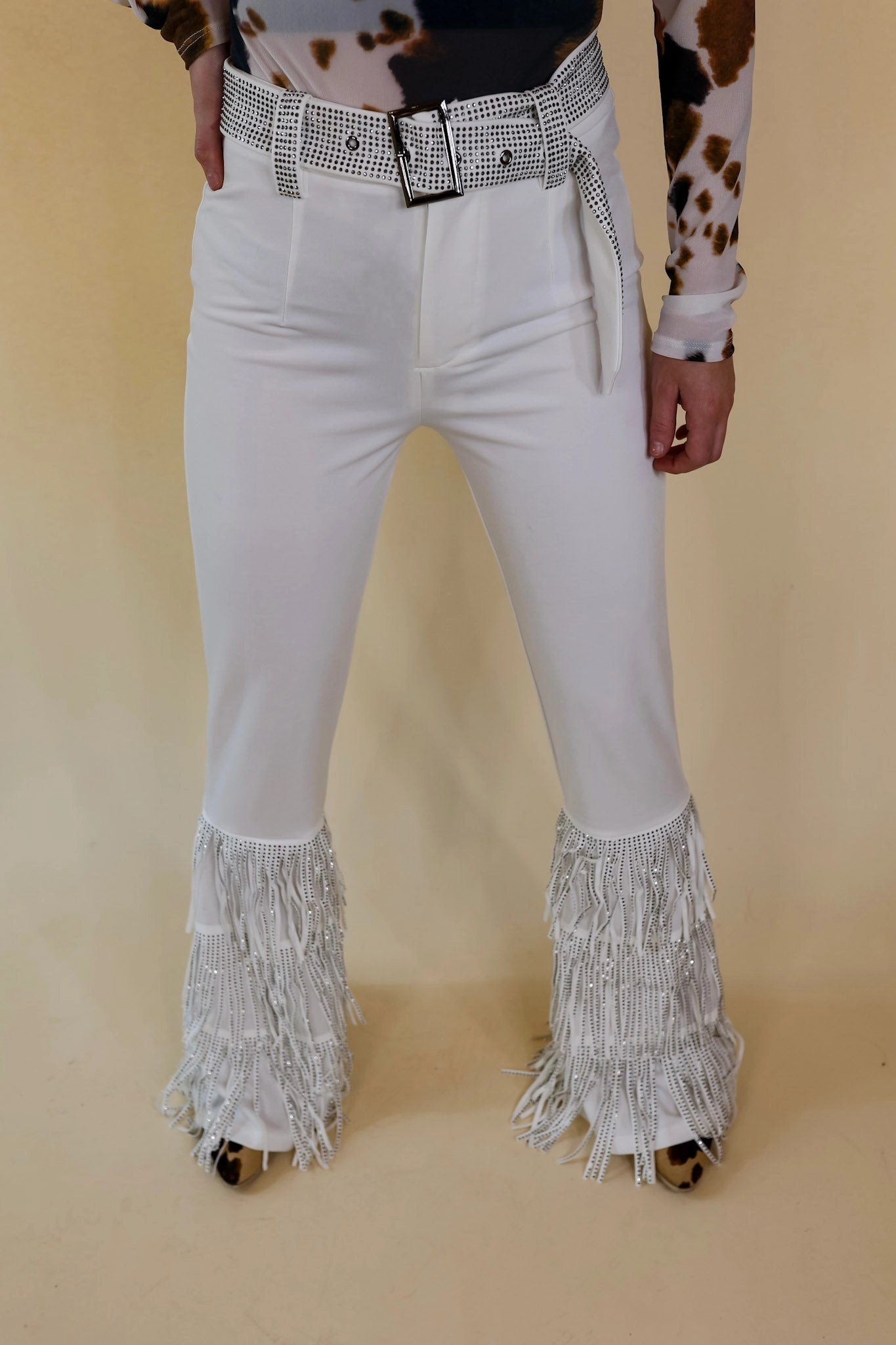 SheerLayeredPanels Cool Glow Cowboy Killer Crystal Fringe Bell Bottom Pants in White