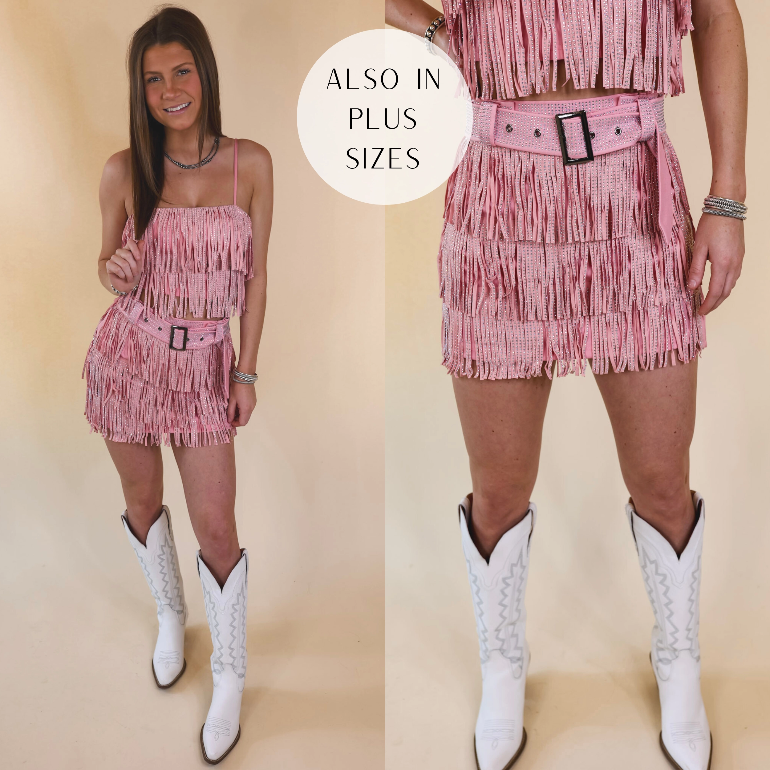 Cowboy Killer Crystal Fringe Mini Skirt in Light Pink Star Soul
