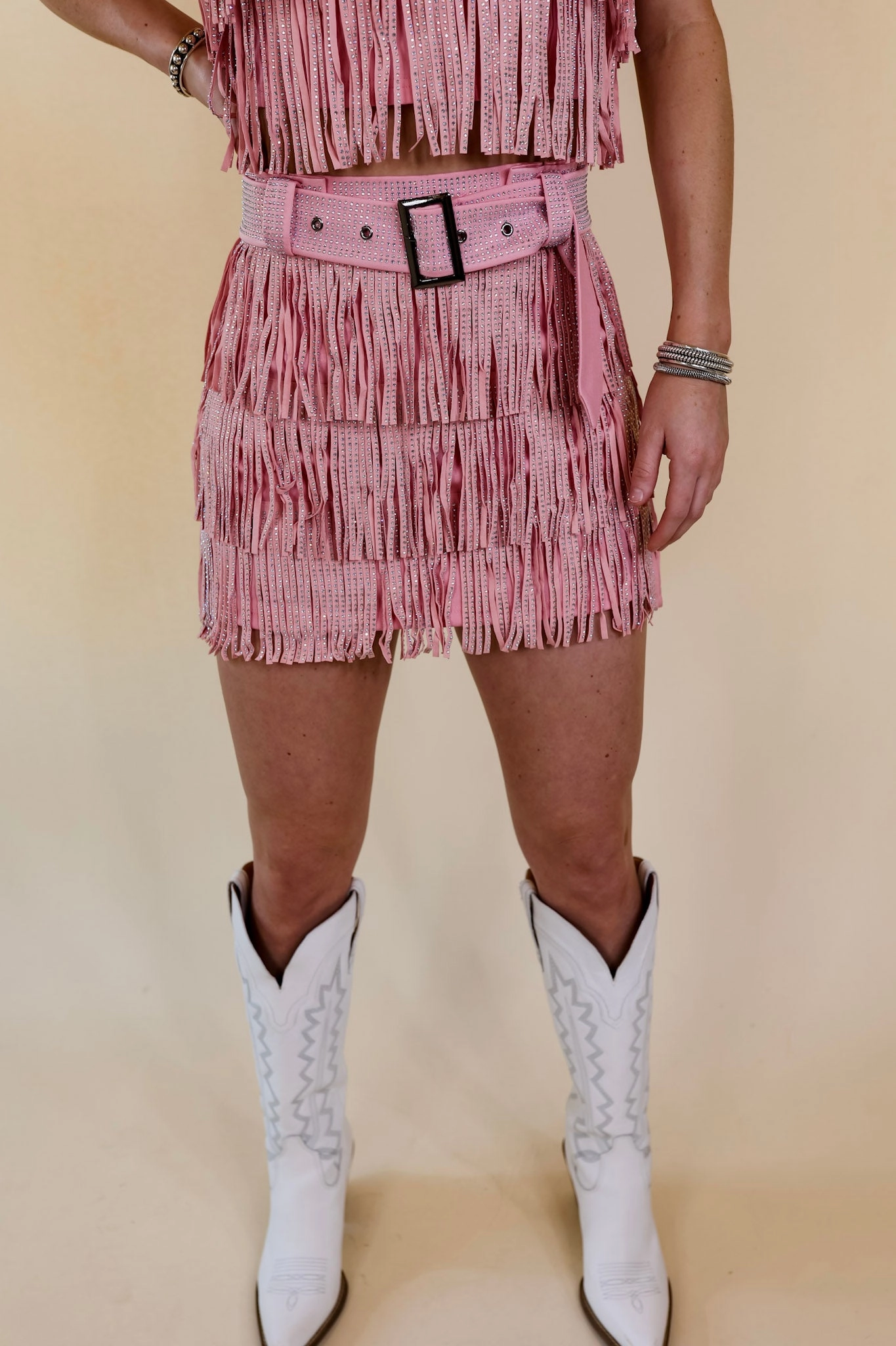 Cowboy Killer Crystal Fringe Mini Skirt in Light Pink Fame Glow
