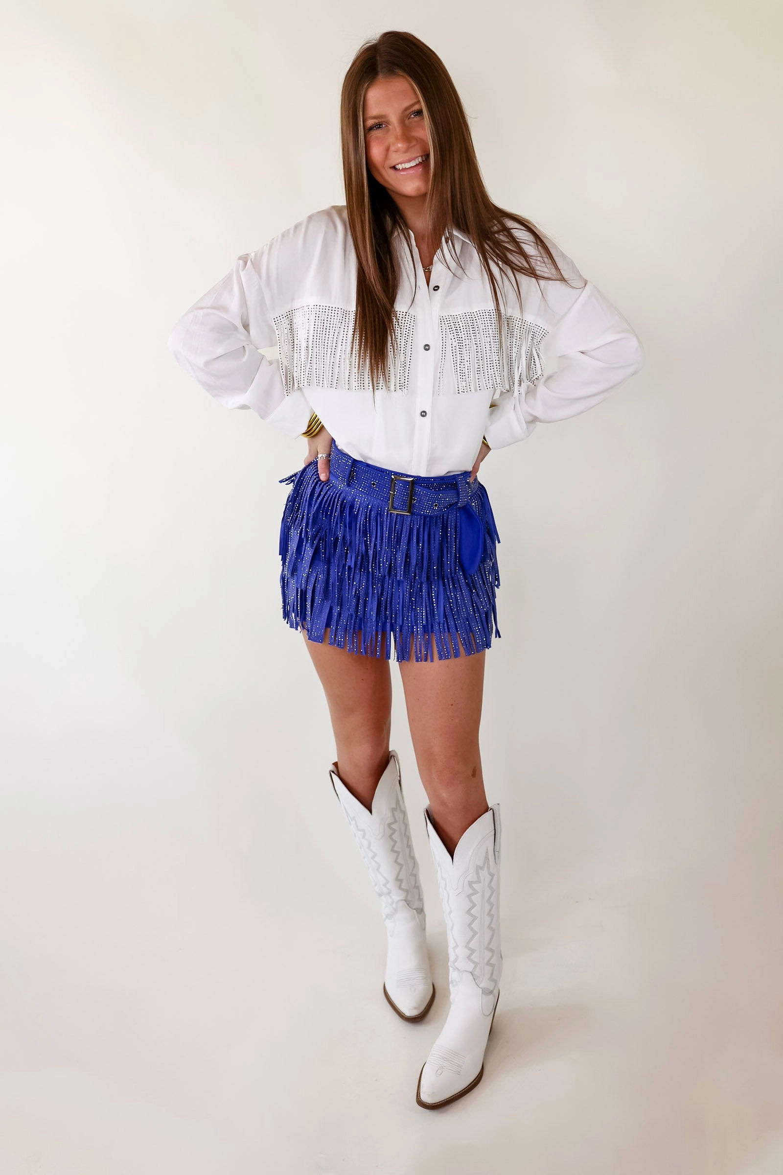 Cowboy Killer Crystal Fringe Mini Skort in Royal blue Opaque Tone FadeResistant Dye