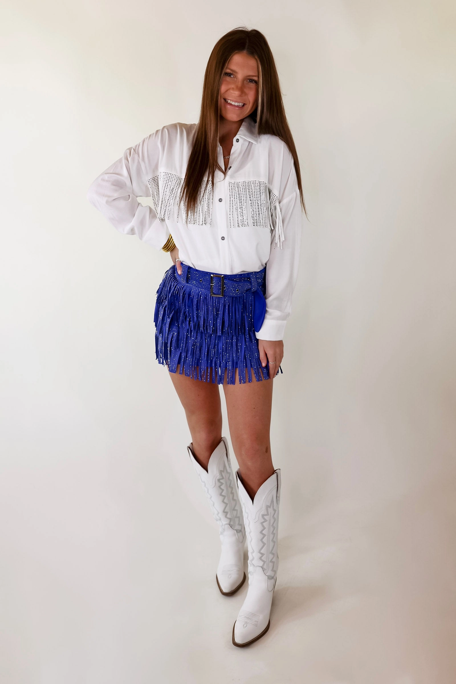 Cowboy Killer Crystal Fringe Mini Skort in Royal blue SlipResistantWaistband