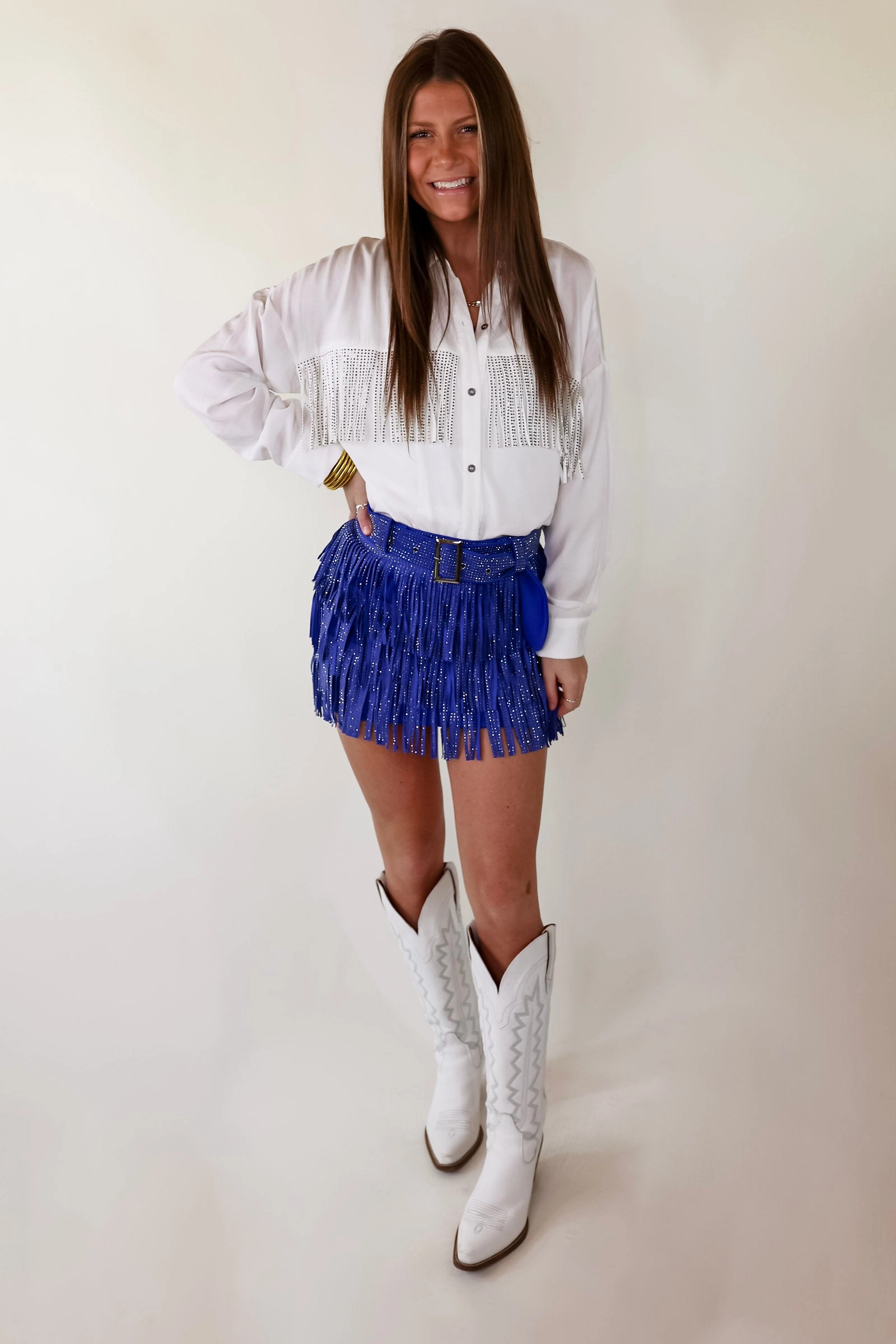 WrinkleFreeFabric PunctureResistant Fabric Cowboy Killer Crystal Fringe Mini Skort in Royal blue