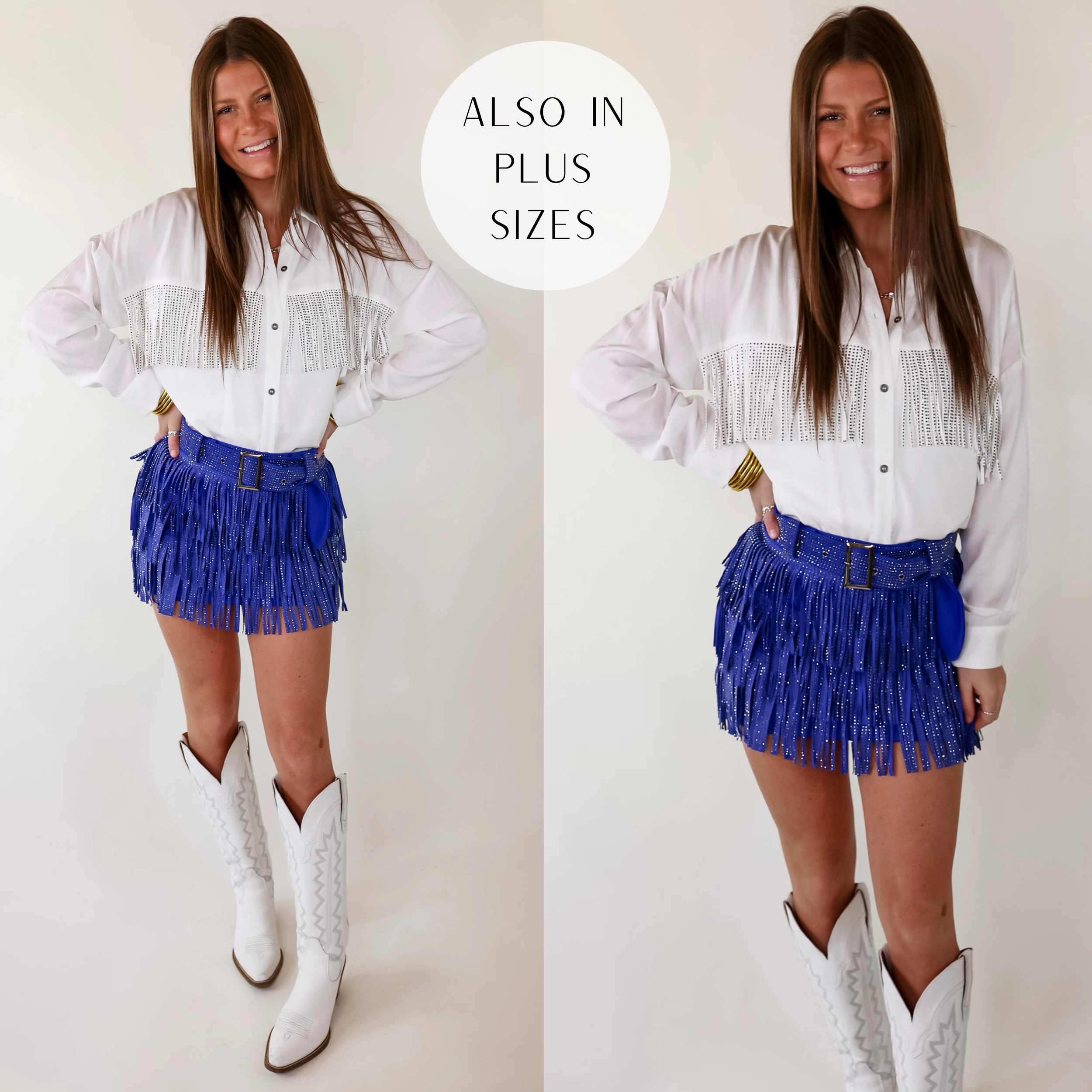 HighElasticity Fiber Cowboy Killer Crystal Fringe Mini Skort in Royal blue