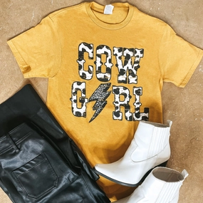 BreathableFabric One-Piece Wear Cowgirl Lightning Bolt Short Sleeve Graphic Tee in Mustard Yellow