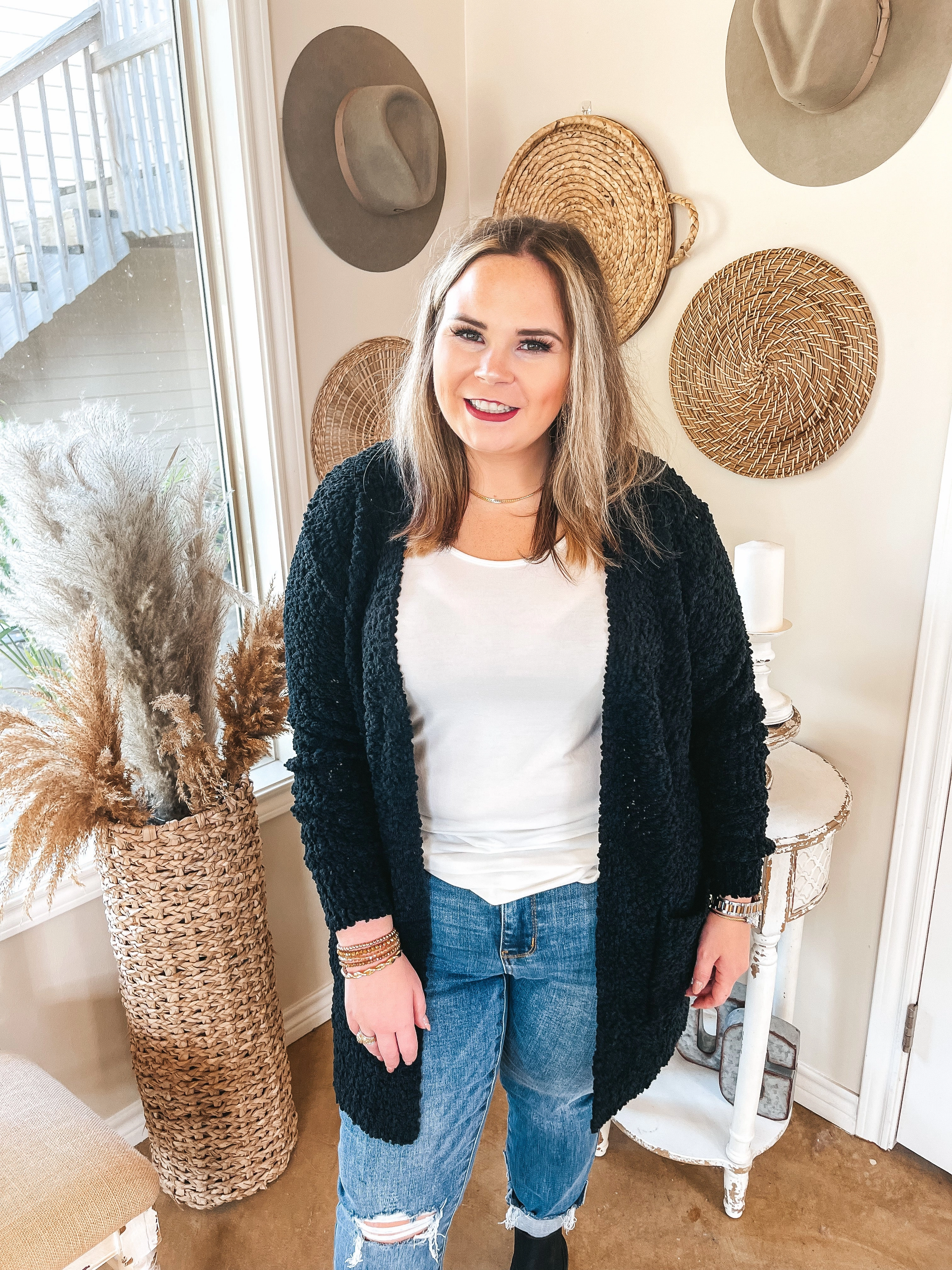 Reflective accents Cozy and Confident Popcorn Knit Sweater in Black